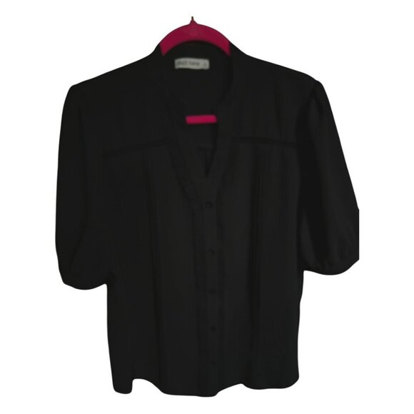 Grace Karin Women's Short Puff Sleeve Black Button Down V Neck Pleated Shirt XL - Picture 3 of 13